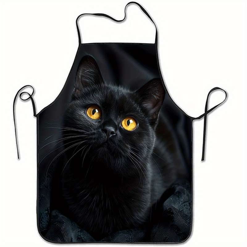 1pc Adorable Black Cat Print Sleeveless Polyester Apron with Striped Detail Perfect for Home