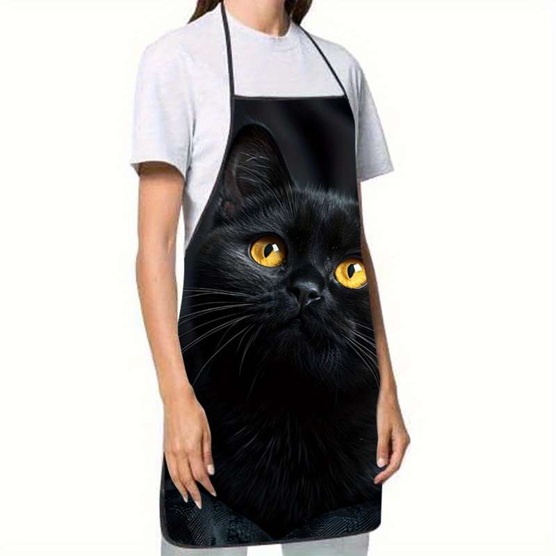 1pc Adorable Black Cat Print Sleeveless Polyester Apron with Striped Detail Perfect for Home