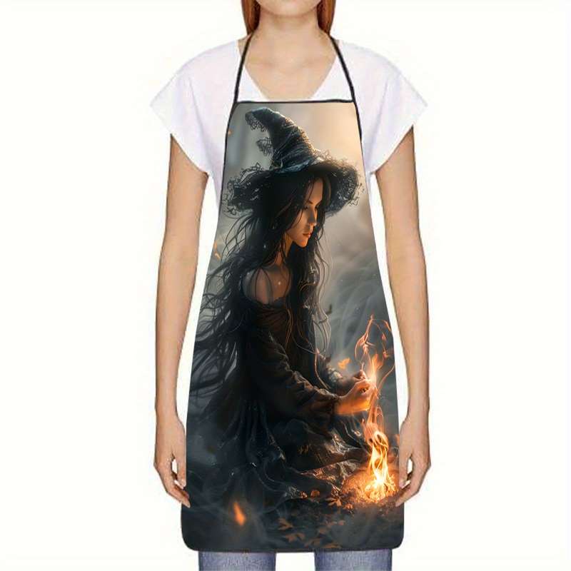 1pc Enchanting Witch Flames Print Sleeveless Polyester Apron Mystical Home Kitchen Baking