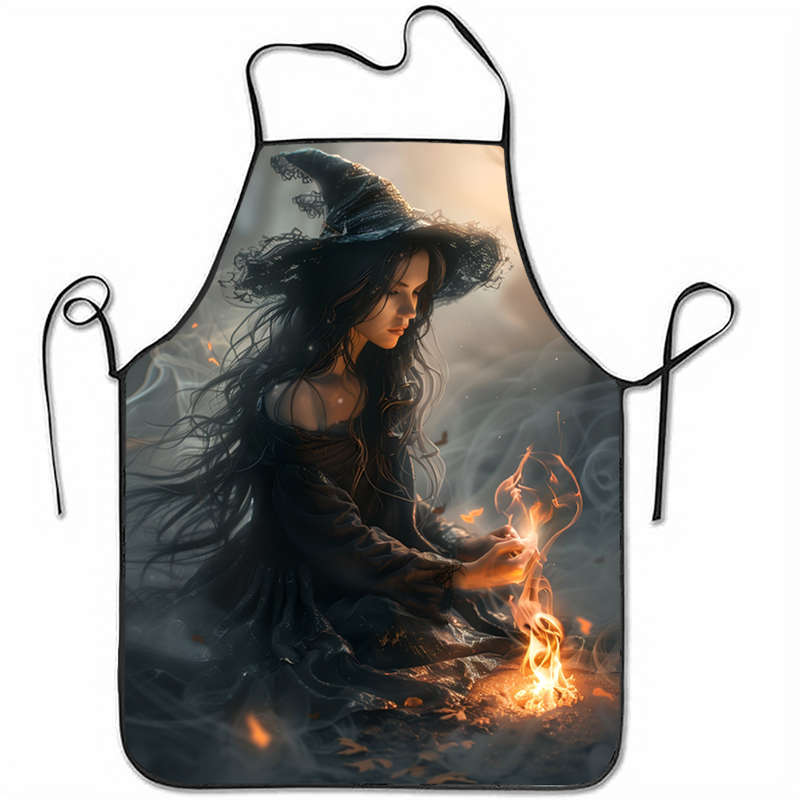 1pc Enchanting Witch Flames Print Sleeveless Polyester Apron Mystical Home Kitchen Baking