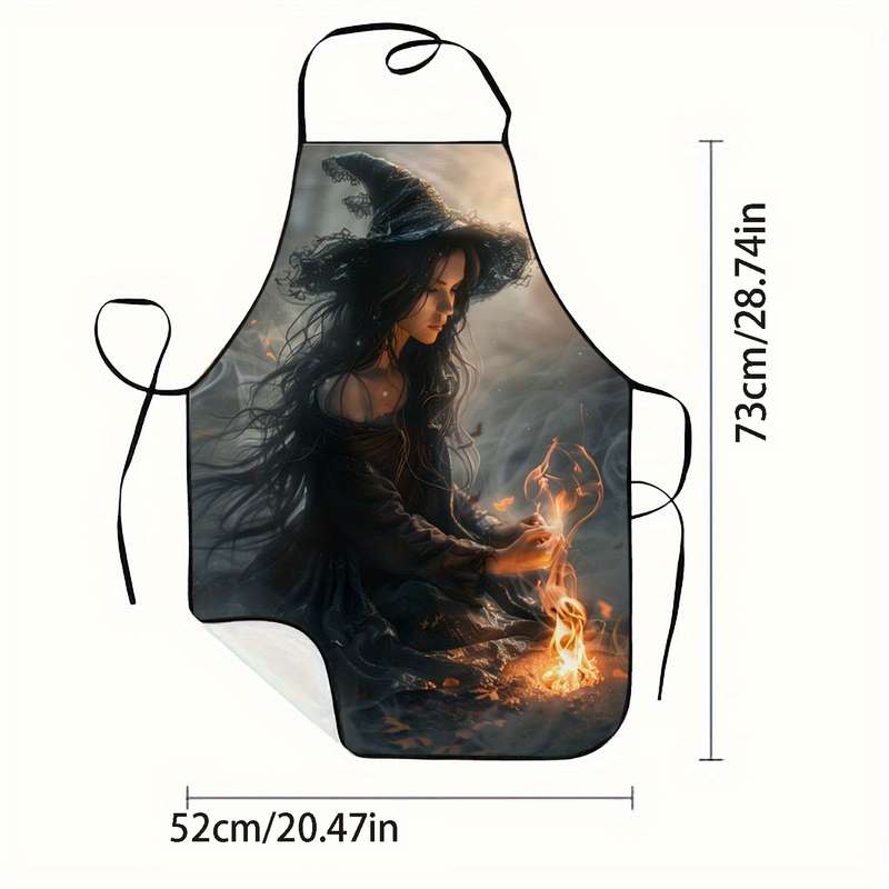 1pc Enchanting Witch Flames Print Sleeveless Polyester Apron Mystical Home Kitchen Baking