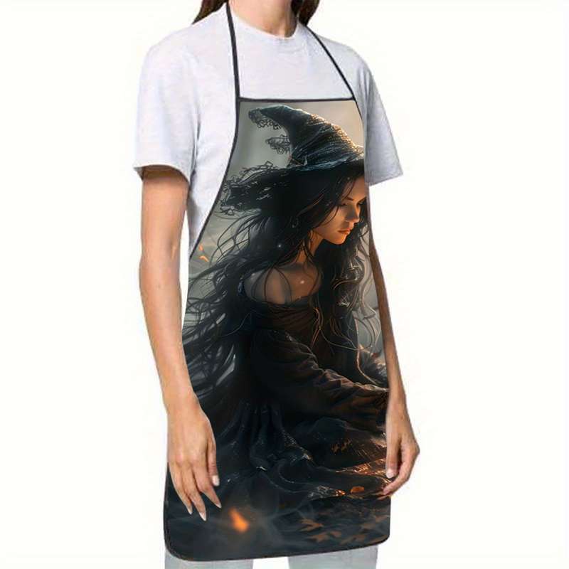1pc Enchanting Witch Flames Print Sleeveless Polyester Apron Mystical Home Kitchen Baking