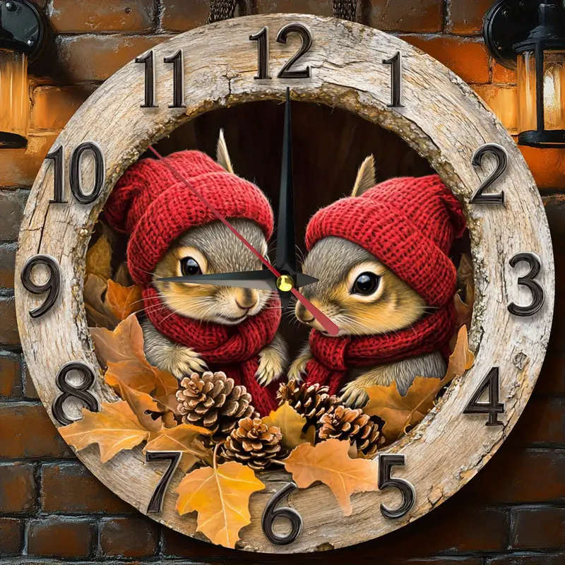 1pc Charming Vintage Squirrel Wooden Wall Clock Silent Easy-to-Read Design for Kitchen Bedroom Offic