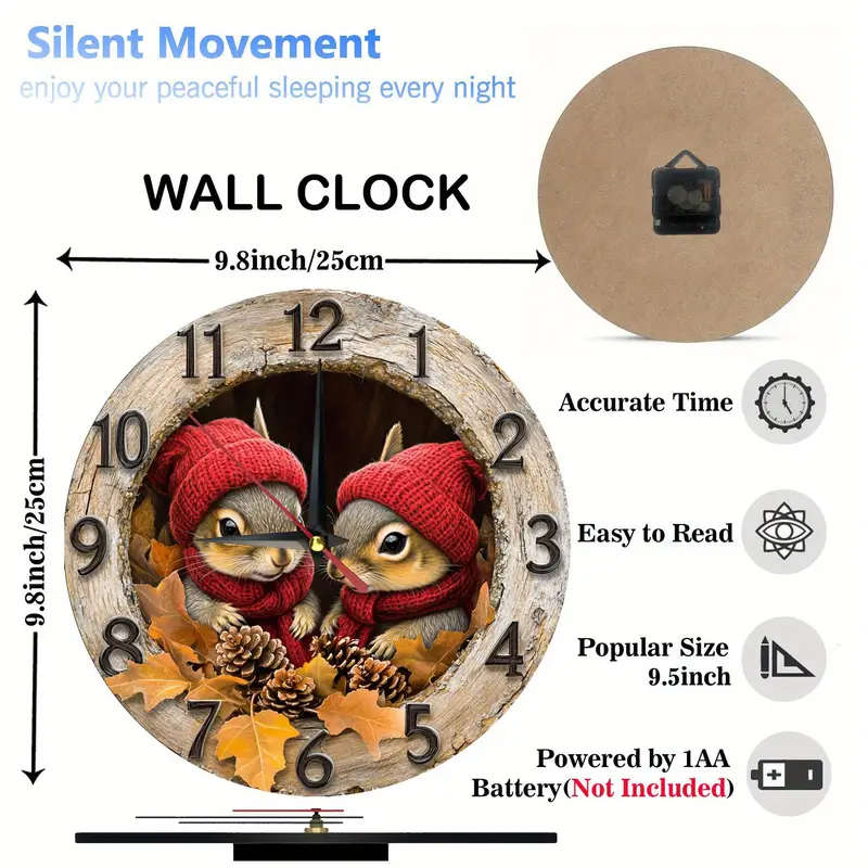 1pc Charming Vintage Squirrel Wooden Wall Clock Silent Easy-to-Read Design for Kitchen Bedroom Offic
