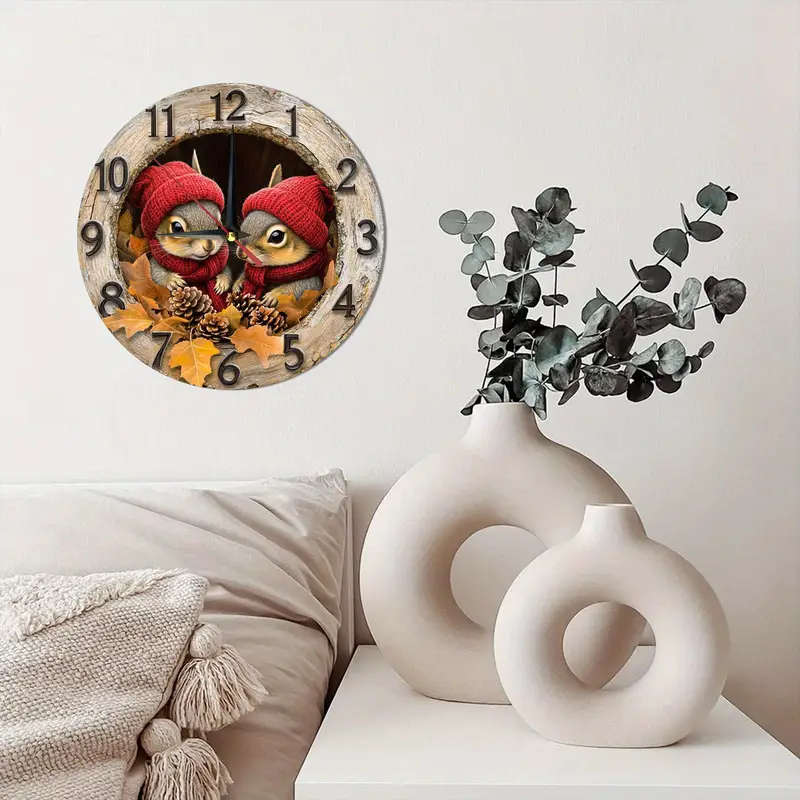 1pc Charming Vintage Squirrel Wooden Wall Clock Silent Easy-to-Read Design for Kitchen Bedroom Offic