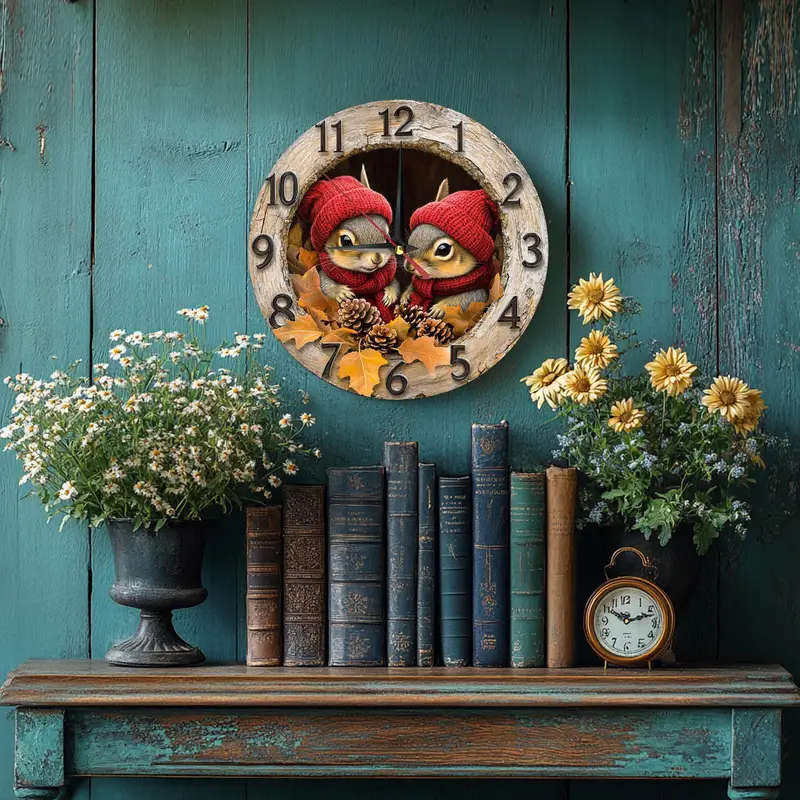 1pc Charming Vintage Squirrel Wooden Wall Clock Silent Easy-to-Read Design for Kitchen Bedroom Offic