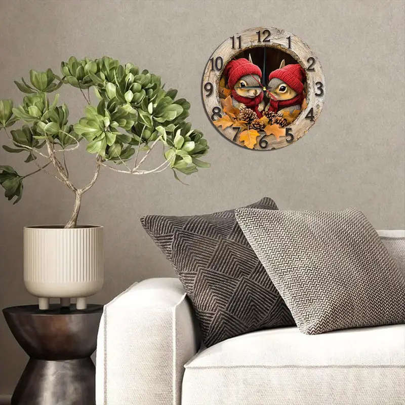 1pc Charming Vintage Squirrel Wooden Wall Clock Silent Easy-to-Read Design for Kitchen Bedroom Offic