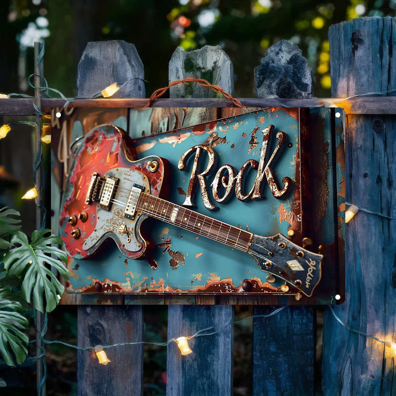 1pc  Vintage Rock Guitar Metal Wall Art Decor Plaque 30.48X20.32 cm Aluminum Weather-Resistant