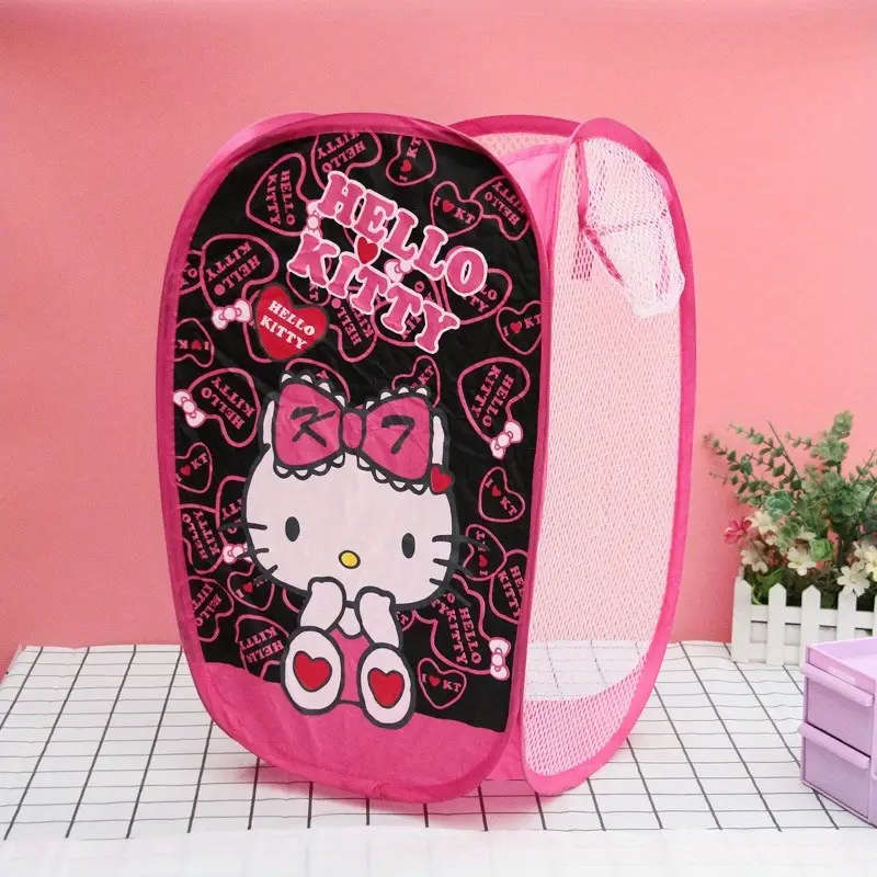 1pc Sanrio Hello Kitty Folding Laundry Basket Pink Black Rectangular Mesh Design for Clothes Toy Sto