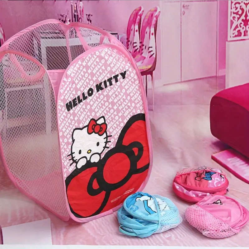1pc Sanrio Hello Kitty Folding Laundry Basket Pink Black Rectangular Mesh Design for Clothes Toy Sto