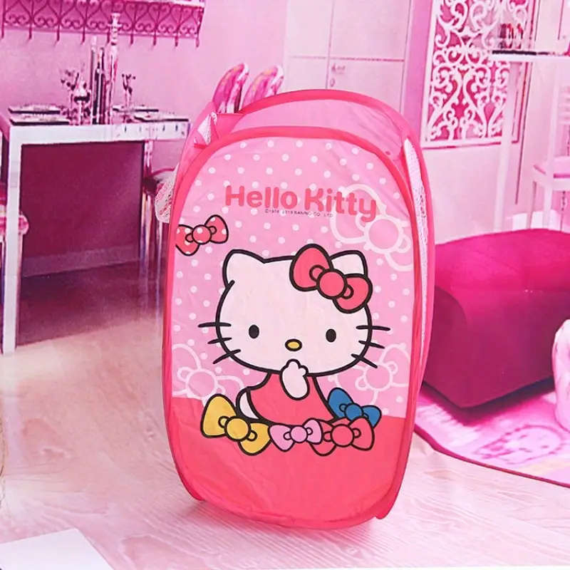 1pc Sanrio Hello Kitty Folding Laundry Basket Pink Black Rectangular Mesh Design for Clothes Toy Sto