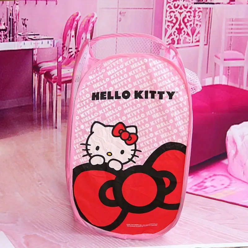 1pc Sanrio Hello Kitty Folding Laundry Basket Pink Black Rectangular Mesh Design for Clothes Toy Sto