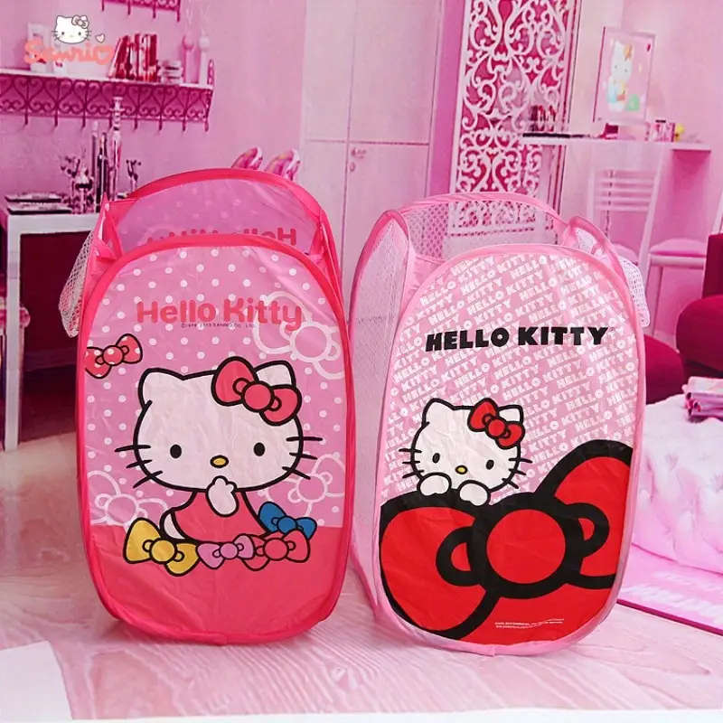 1pc Sanrio Hello Kitty Folding Laundry Basket Pink Black Rectangular Mesh Design for Clothes Toy Sto