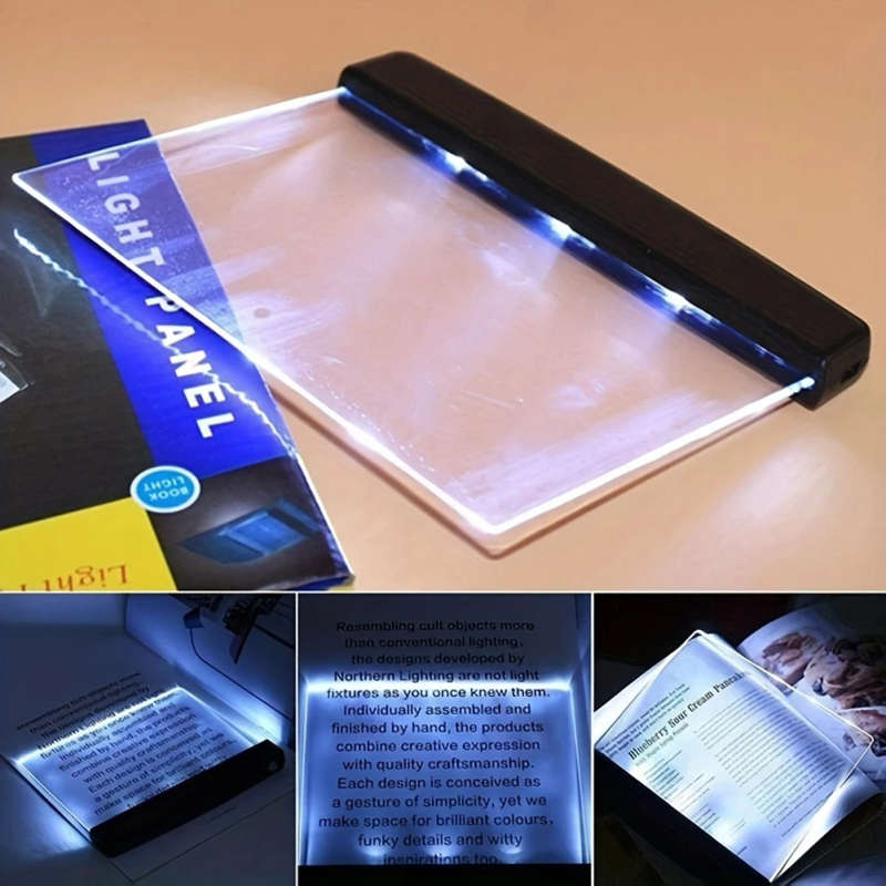 1pc LED Flat Book Light Full Page Reading Lamp for Bed Airplane Eye Protection with Clip-On Bookmark