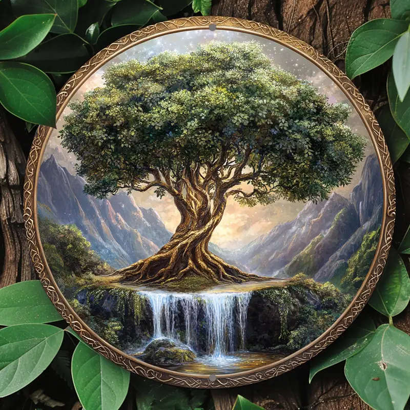 1pc 2D Flat Print Round Aluminum Sign Wall art Vintage Metal Sign Tree of Life Themed for Bar Kitche