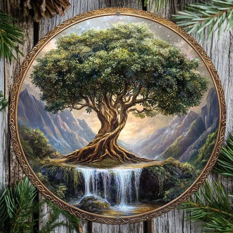 1pc 2D Flat Print Round Aluminum Sign Wall art Vintage Metal Sign Tree of Life Themed for Bar Kitche