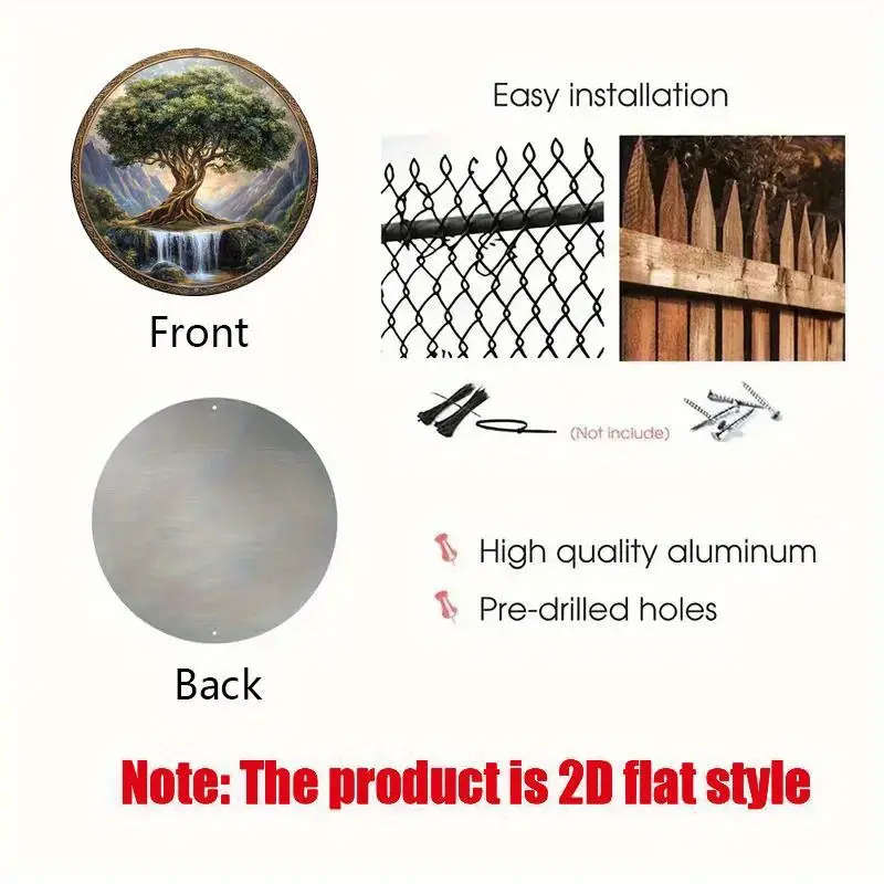 1pc 2D Flat Print Round Aluminum Sign Wall art Vintage Metal Sign Tree of Life Themed for Bar Kitche