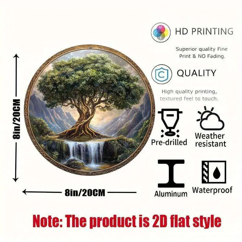 1pc 2D Flat Print Round Aluminum Sign Wall art Vintage Metal Sign Tree of Life Themed for Bar Kitche