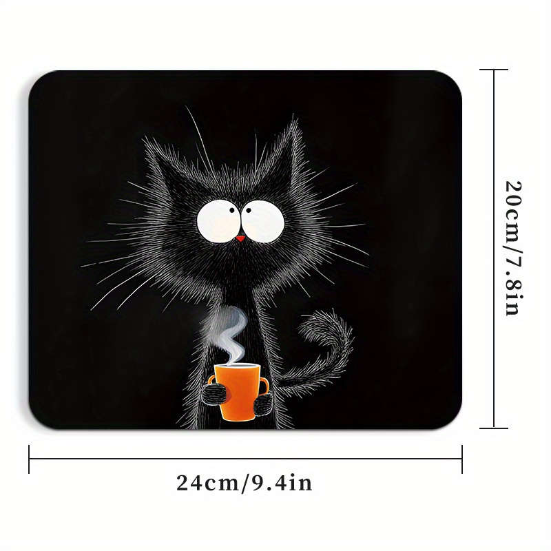 1pc Whimsical Black Cat with Hot Beverage Print Mouse Pad Non-Slip Rubber Base Oblo