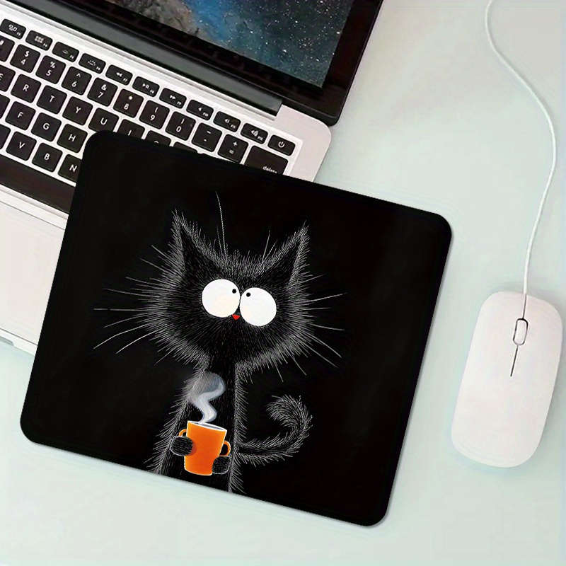 1pc Whimsical Black Cat with Hot Beverage Print Mouse Pad Non-Slip Rubber Base Oblo