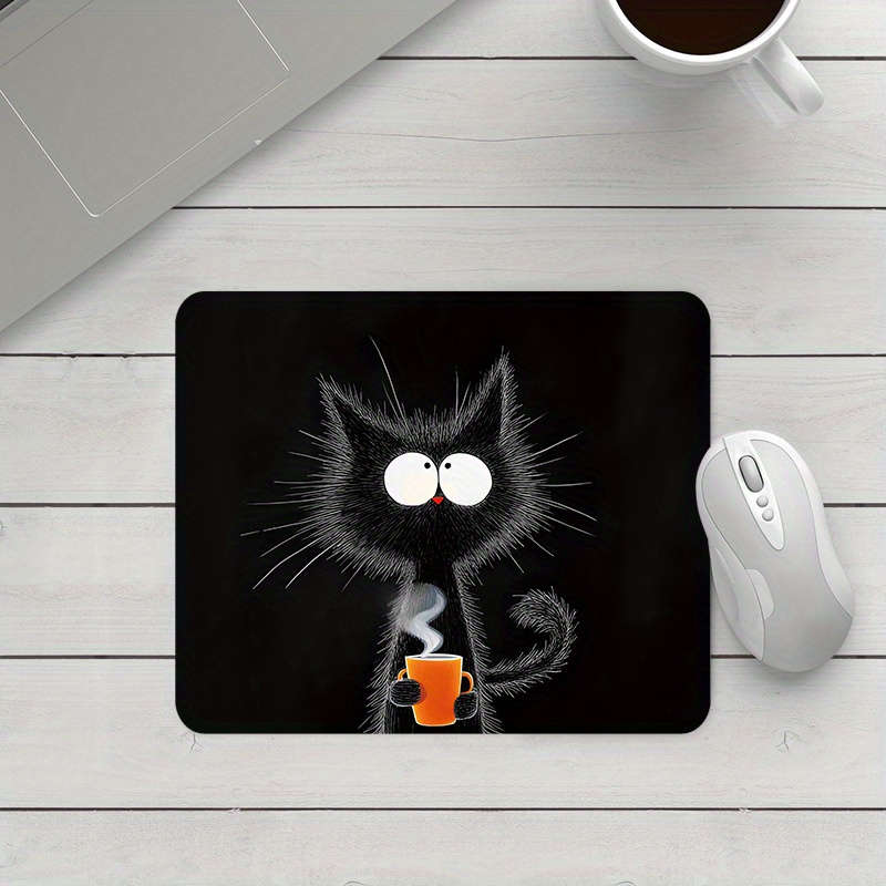1pc Whimsical Black Cat with Hot Beverage Print Mouse Pad Non-Slip Rubber Base Oblo
