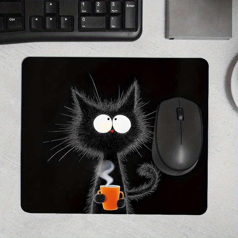 1pc Whimsical Black Cat with Hot Beverage Print Mouse Pad Non-Slip Rubber Base Oblo