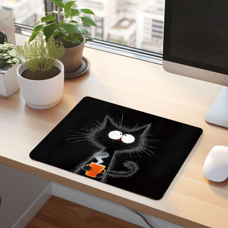 1pc Whimsical Black Cat with Hot Beverage Print Mouse Pad Non-Slip Rubber Base Oblo