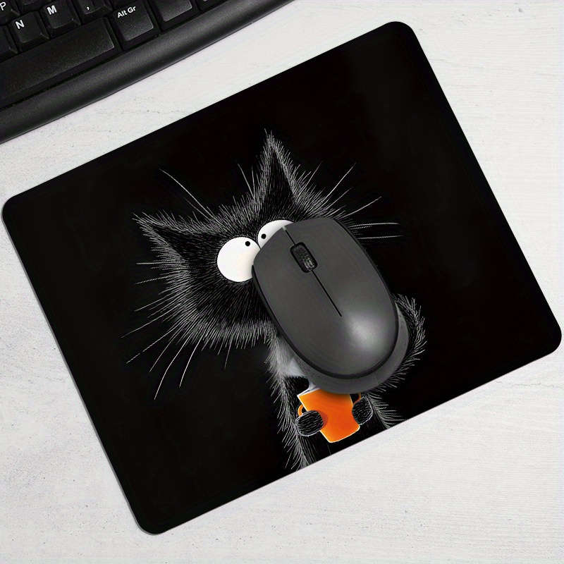 1pc Whimsical Black Cat with Hot Beverage Print Mouse Pad Non-Slip Rubber Base Oblo