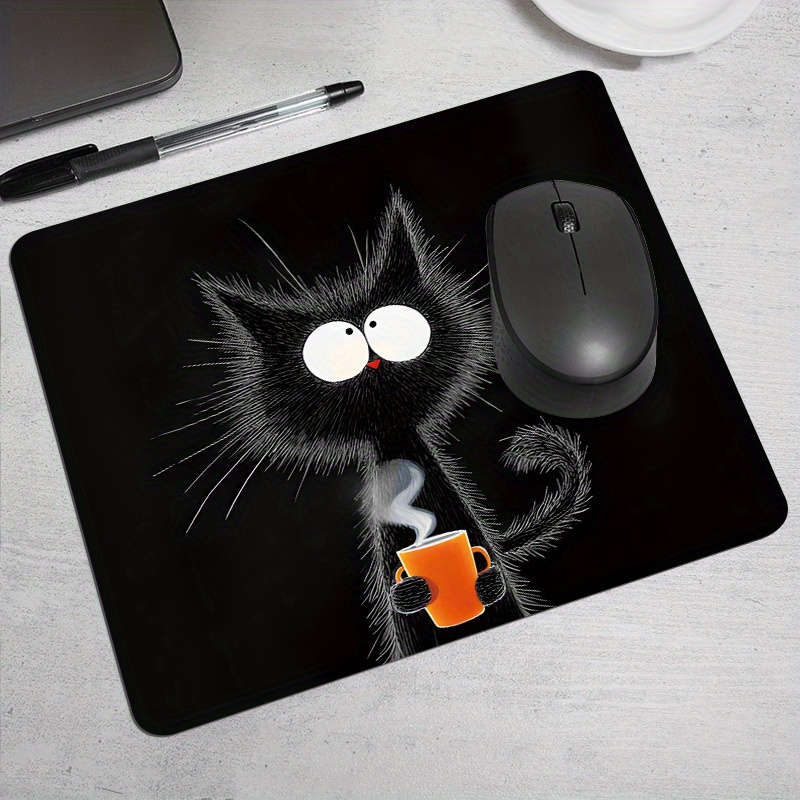 1pc Whimsical Black Cat with Hot Beverage Print Mouse Pad Non-Slip Rubber Base Oblo
