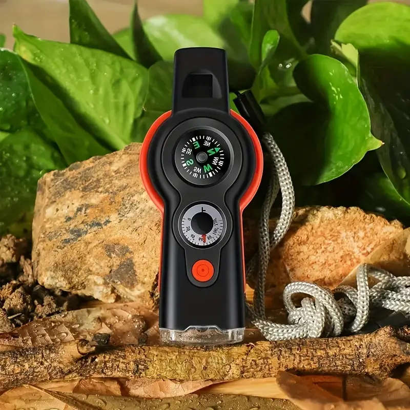 7-in-1 Survival Multi-Tool Whistle ABS Outdoor Safety Whistle with Compass Magnifying Glass Refle