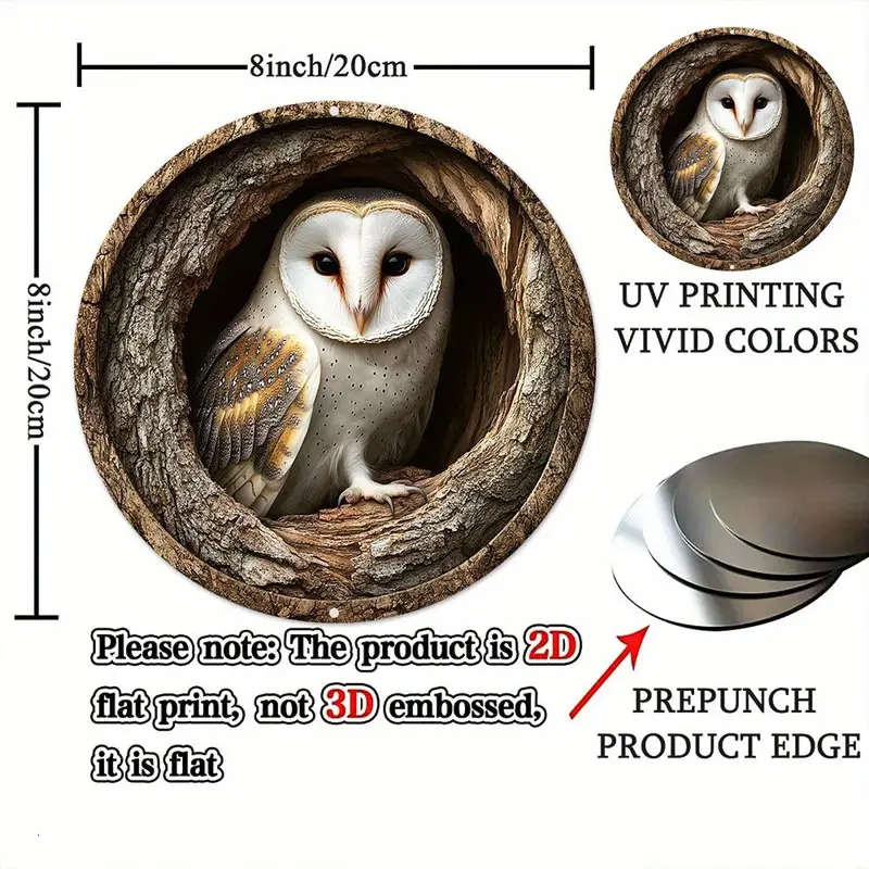 1pc Contemporary Barn Owl Metal Wall Sign Waterproof HD Printed Aluminum Plaque Pre-Drilled for Easy