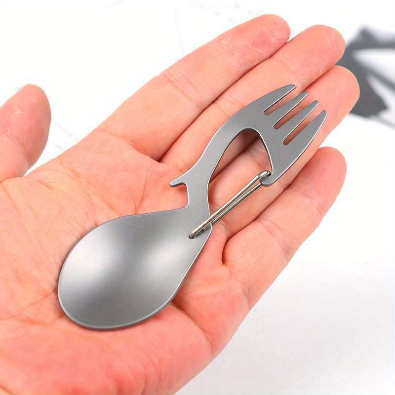 1pc Stainless Steel 3in1 Camping Utensil Fork Spoon Bottle Opener with Carabiner Clip for