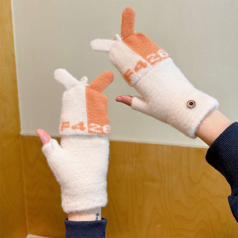 1 Pair Flip Letter Rabbit Ears Orange Warm Gloves