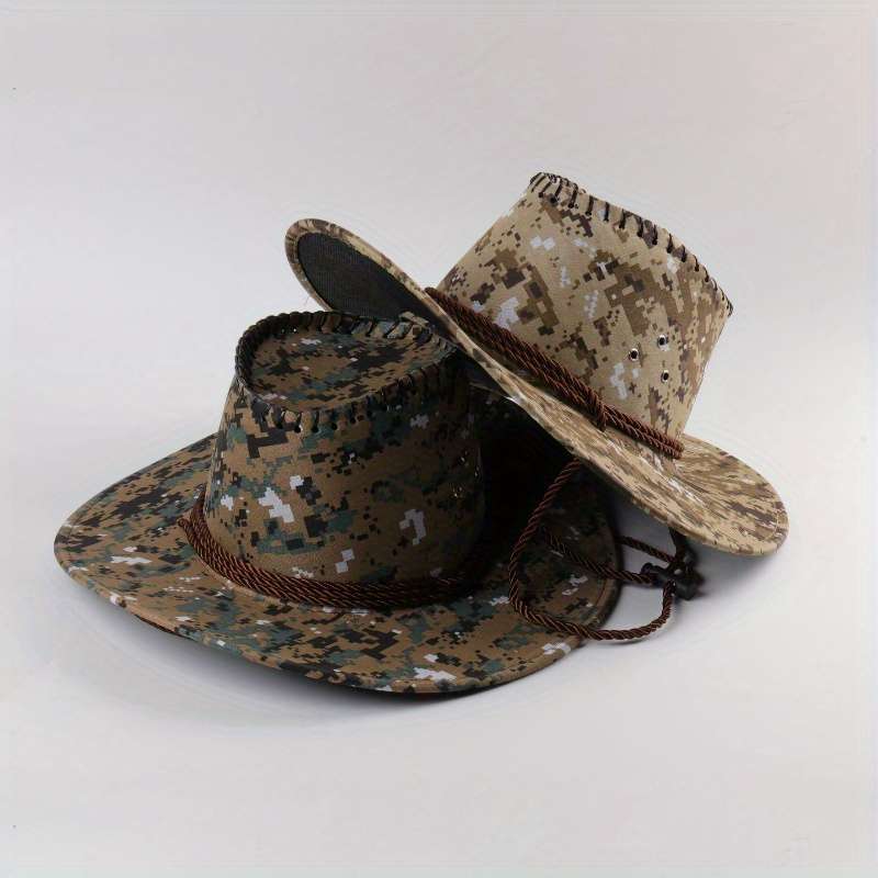 1pc Men's Camouflage Denim Sun Hat Wide Brim UV Protection Adjustable Drawstring Breathable Cot