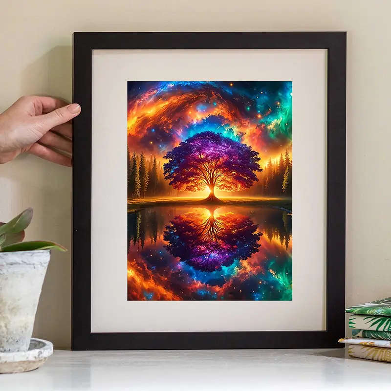 1pc Canvas Wall Art Poster Vintage Tree of Life Vibrant Space Nebula Reflection Creative Wall Decor