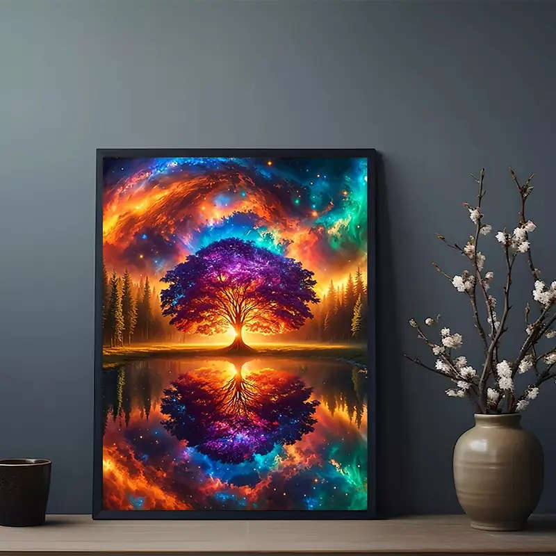 1pc Canvas Wall Art Poster Vintage Tree of Life Vibrant Space Nebula Reflection Creative Wall Decor