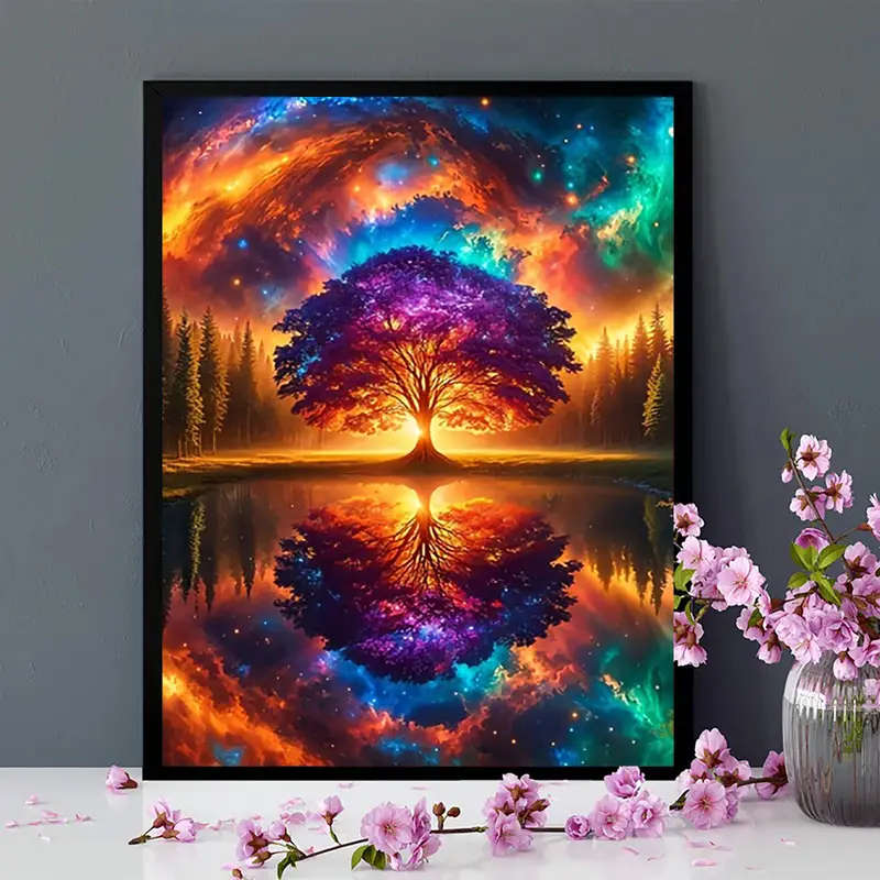 1pc Canvas Wall Art Poster Vintage Tree of Life Vibrant Space Nebula Reflection Creative Wall Decor
