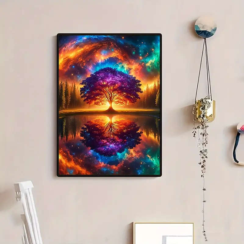 1pc Canvas Wall Art Poster Vintage Tree of Life Vibrant Space Nebula Reflection Creative Wall Decor