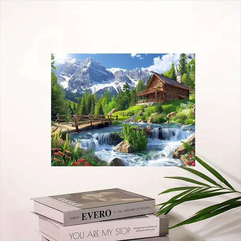 1pc Canvas Wall Art with Wooden Frame Rustic Cabin and Mountain Stream Scenery Waterproof Wall Decor