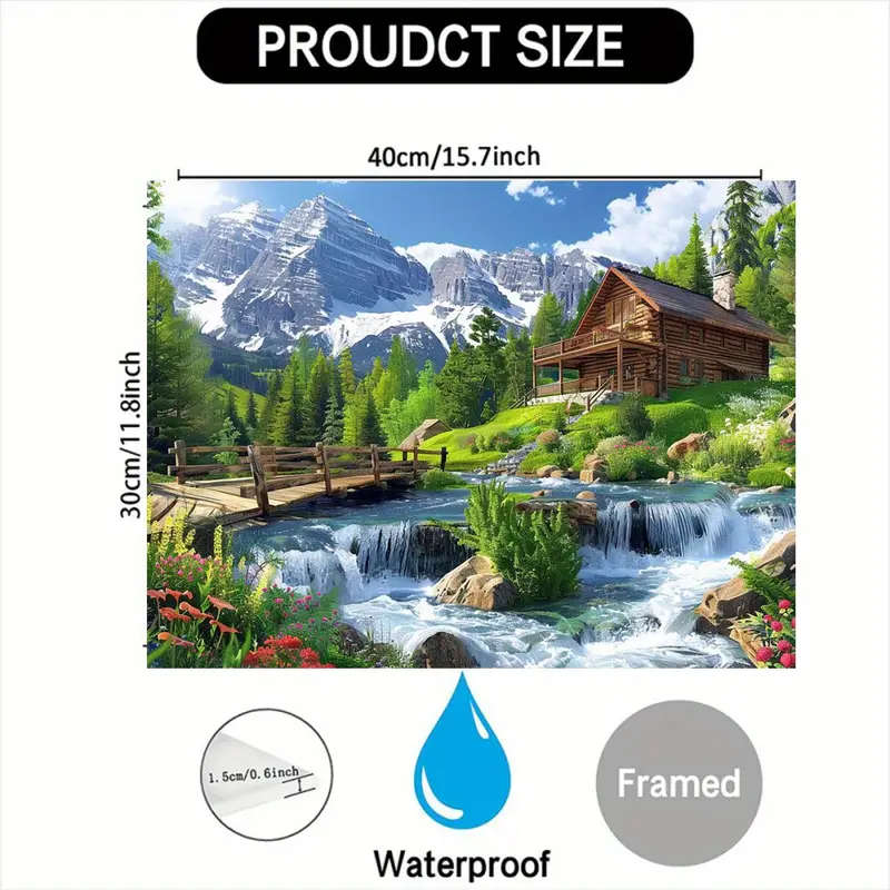 1pc Canvas Wall Art with Wooden Frame Rustic Cabin and Mountain Stream Scenery Waterproof Wall Decor