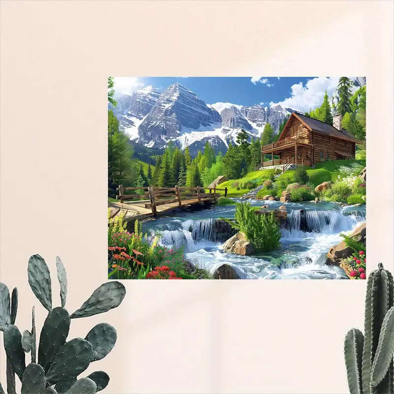 1pc Canvas Wall Art with Wooden Frame Rustic Cabin and Mountain Stream Scenery Waterproof Wall Decor
