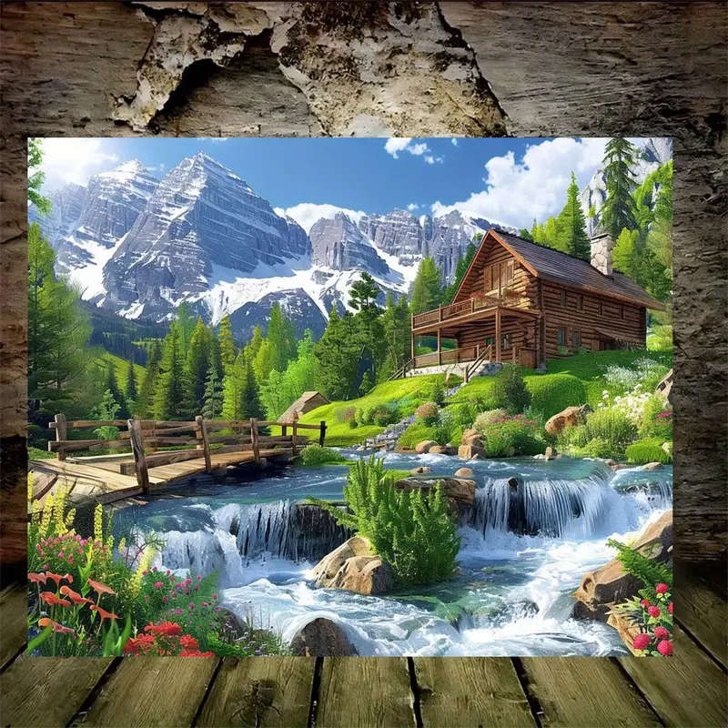 1pc Canvas Wall Art with Wooden Frame Rustic Cabin and Mountain Stream Scenery Waterproof Wall Decor