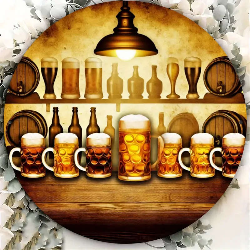 1pc Cozy Beer Cabin Aluminum Wall Art Round 2D Poster for Home Bedroom Living Room Coffee Shop Decor
