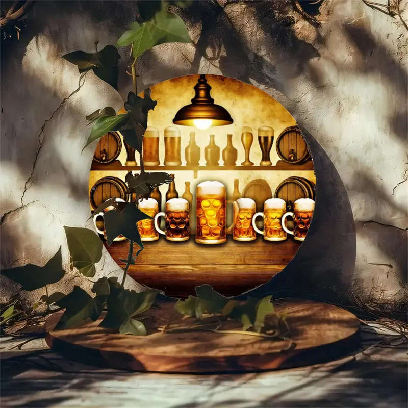 1pc Cozy Beer Cabin Aluminum Wall Art Round 2D Poster for Home Bedroom Living Room Coffee Shop Decor