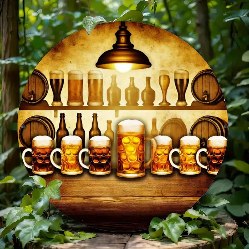 1pc Cozy Beer Cabin Aluminum Wall Art Round 2D Poster for Home Bedroom Living Room Coffee Shop Decor