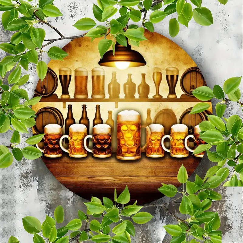 1pc Cozy Beer Cabin Aluminum Wall Art Round 2D Poster for Home Bedroom Living Room Coffee Shop Decor