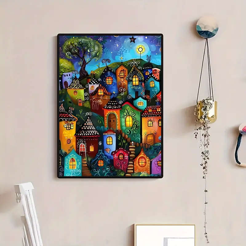 1pc Dreamy Village Canvas Art Print 30.48x40.64cm Whimsical Wall Decor for Home Office Cafe More Fra