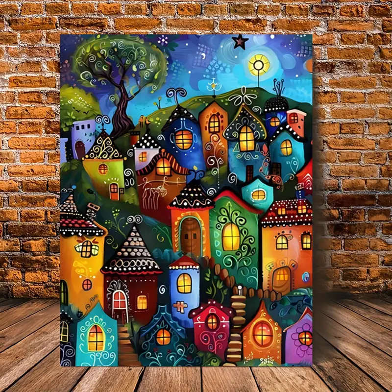 1pc Dreamy Village Canvas Art Print 30.48x40.64cm Whimsical Wall Decor for Home Office Cafe More Fra