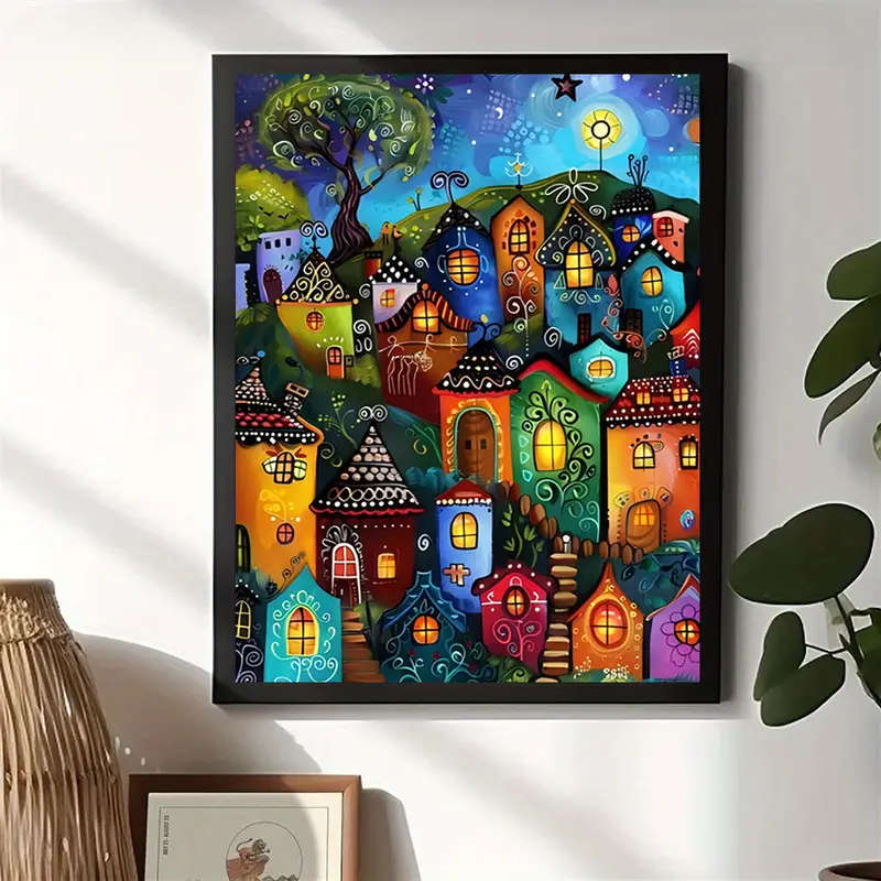 1pc Dreamy Village Canvas Art Print 30.48x40.64cm Whimsical Wall Decor for Home Office Cafe More Fra