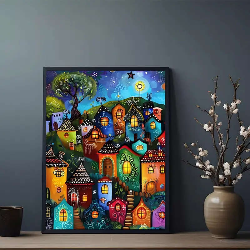 1pc Dreamy Village Canvas Art Print 30.48x40.64cm Whimsical Wall Decor for Home Office Cafe More Fra
